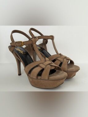 Saint Laurent Tan Suede Tribute Platform Sandals